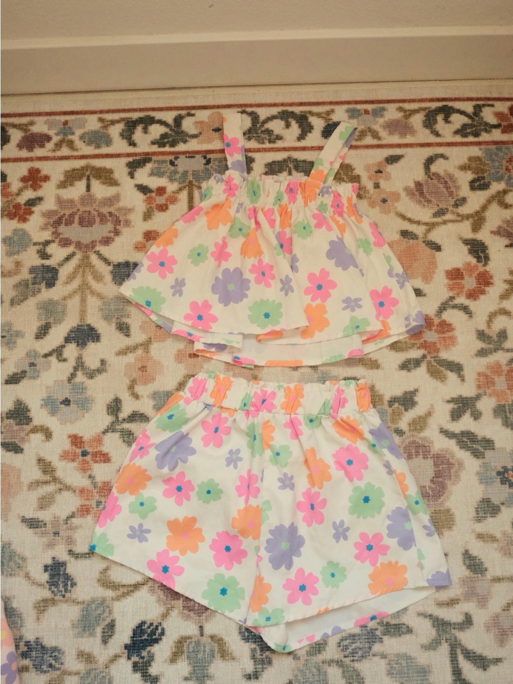 SHEIN White Floral Tank & Shorts Set with Pink, Orange, Purple, Green Flowers